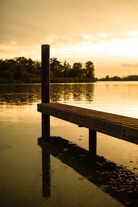 Ausschnitt eines Holzsteges an einem natürlichen Wasser, in goldenes Licht getaucht, feine Regentropfen erkennbar.